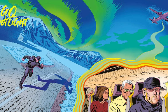 Image for Bitcoin Heist article featuring a colorfully designed illustration of a man running in snowy conditions, then looking suspiciously over his shoulder while wearing a baseball cap on a plane.