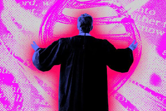 Image of a cult leader faceing away from the camera with his arms raised in a dramatic pose.