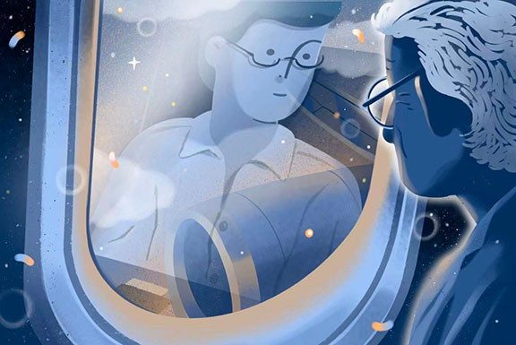 Image for Longevity Tourism article featuring a simple illustration of a young man looking at his old self in the reflection of a plane window